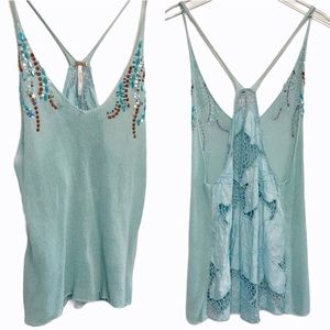 Free People Embroidered Lace Back Knit Tank Top XS
